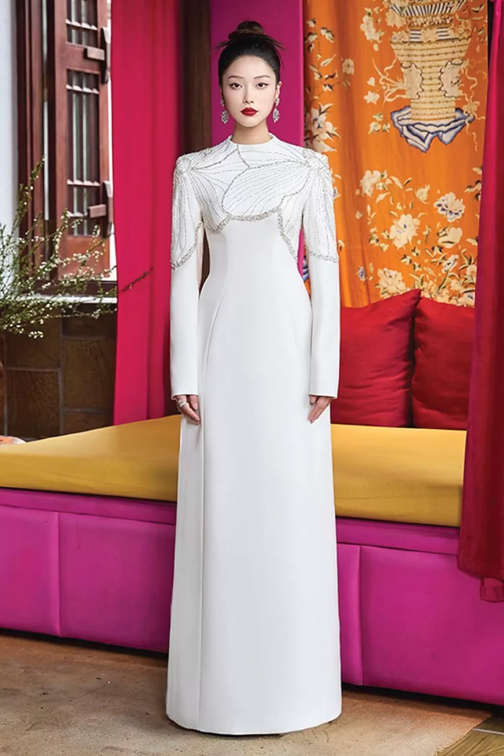 Glamor A-line High Neck Velvet Satin Floor Length Ao Dai