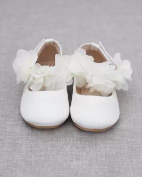 Ivory Satin Flats with Chiffon Flowers Ankle Strap