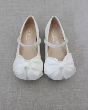 Ivory Satin Mary Jane Flats with Front Satin Bow