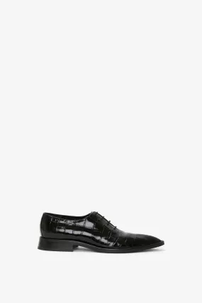 Pointy Toe Flat Lace Up In Black Croc-Effect Leather