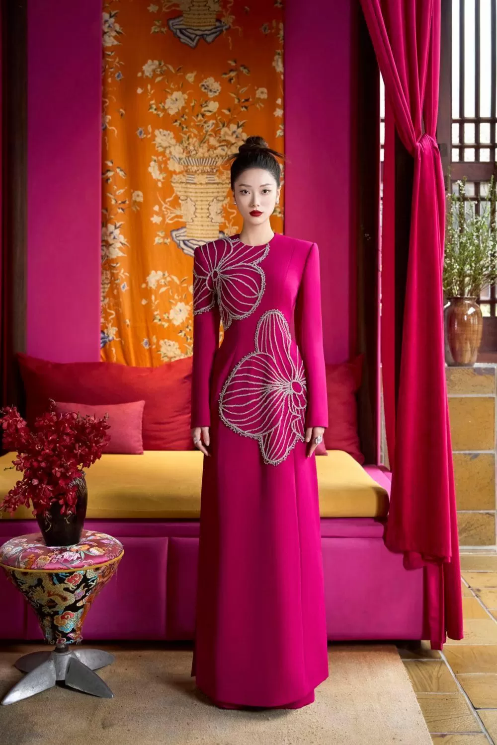 Shimmer A-line Round Neck Velvet Satin Floor Length Ao Dai