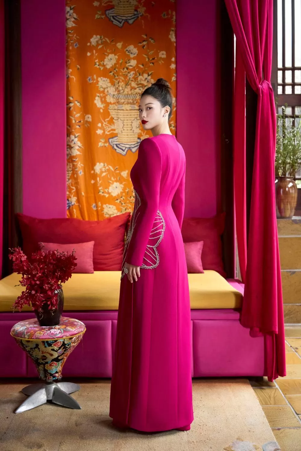 Shimmer A-line Round Neck Velvet Satin Floor Length Ao Dai