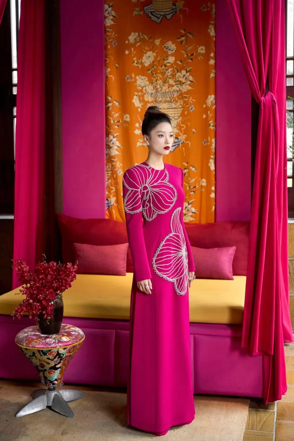 Shimmer A-line Round Neck Velvet Satin Floor Length Ao Dai