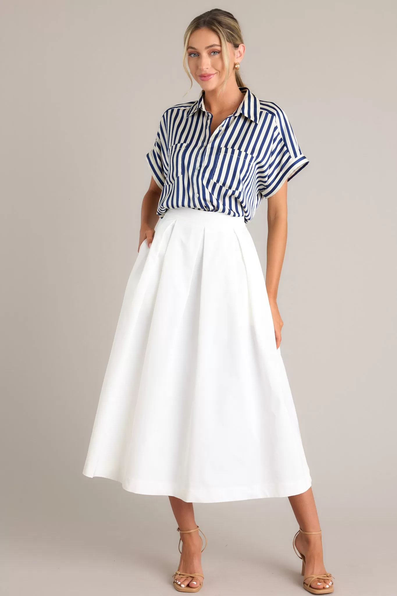 White Lies Navy Stripe Button Front Top