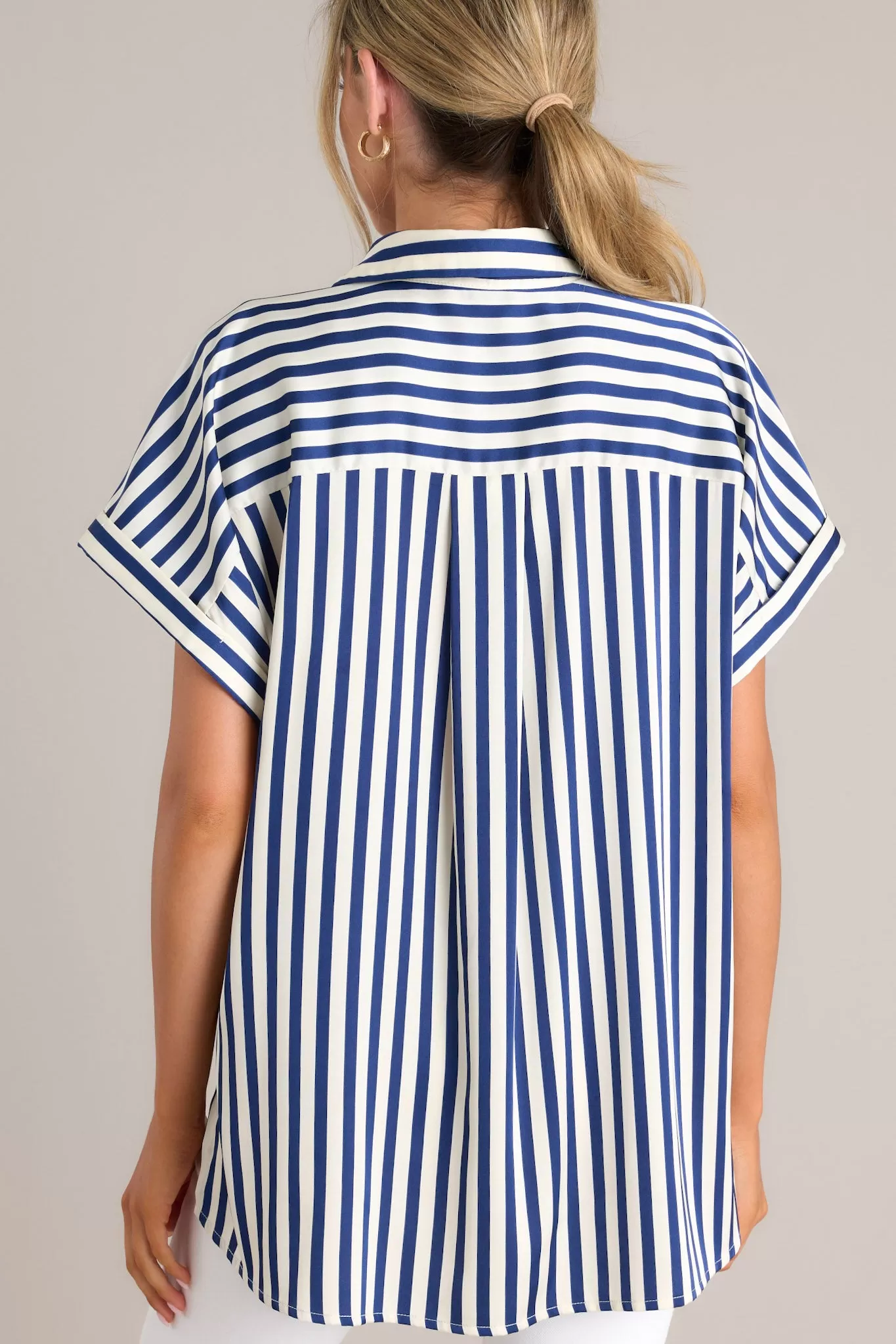 White Lies Navy Stripe Button Front Top