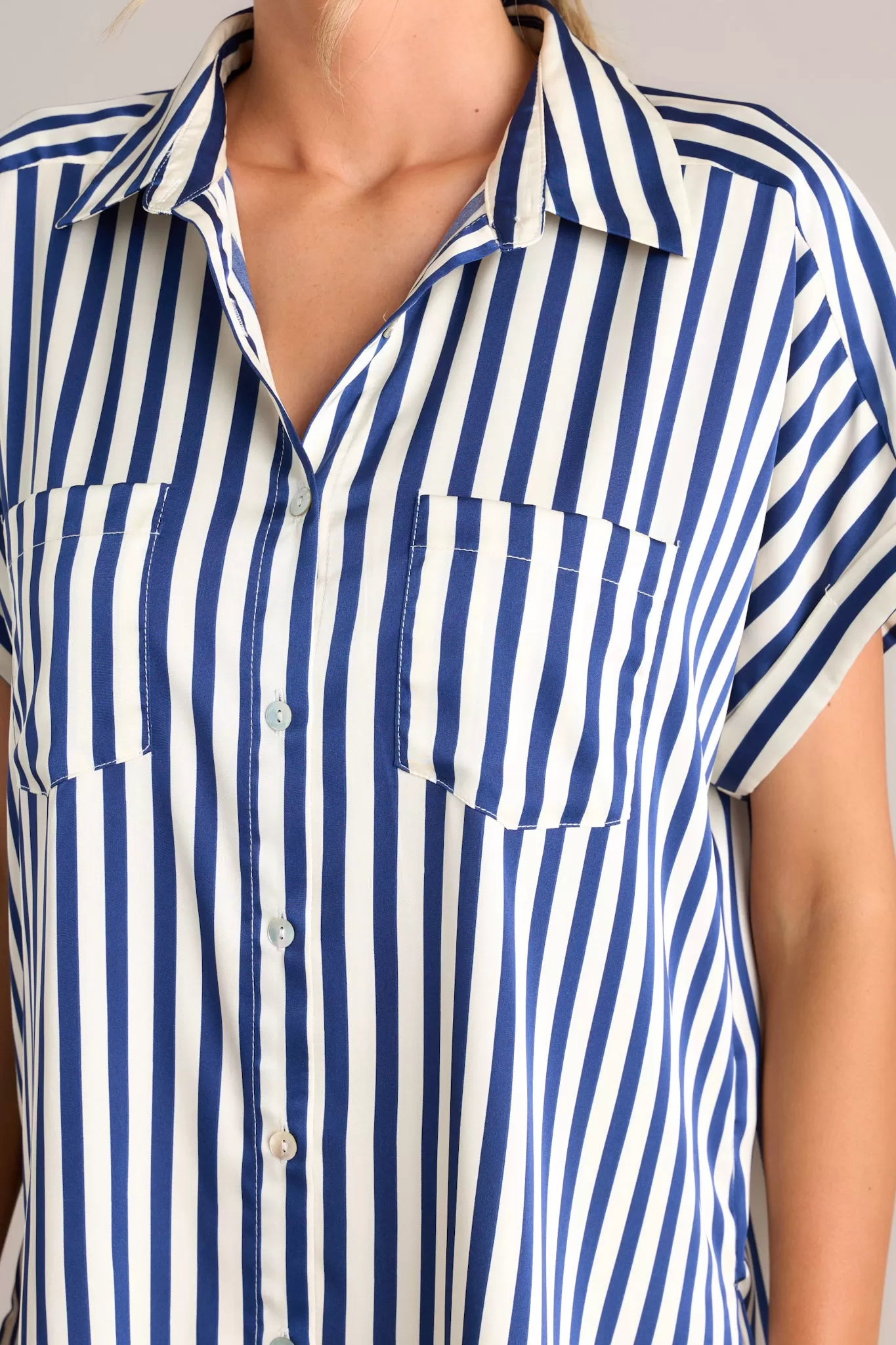 White Lies Navy Stripe Button Front Top