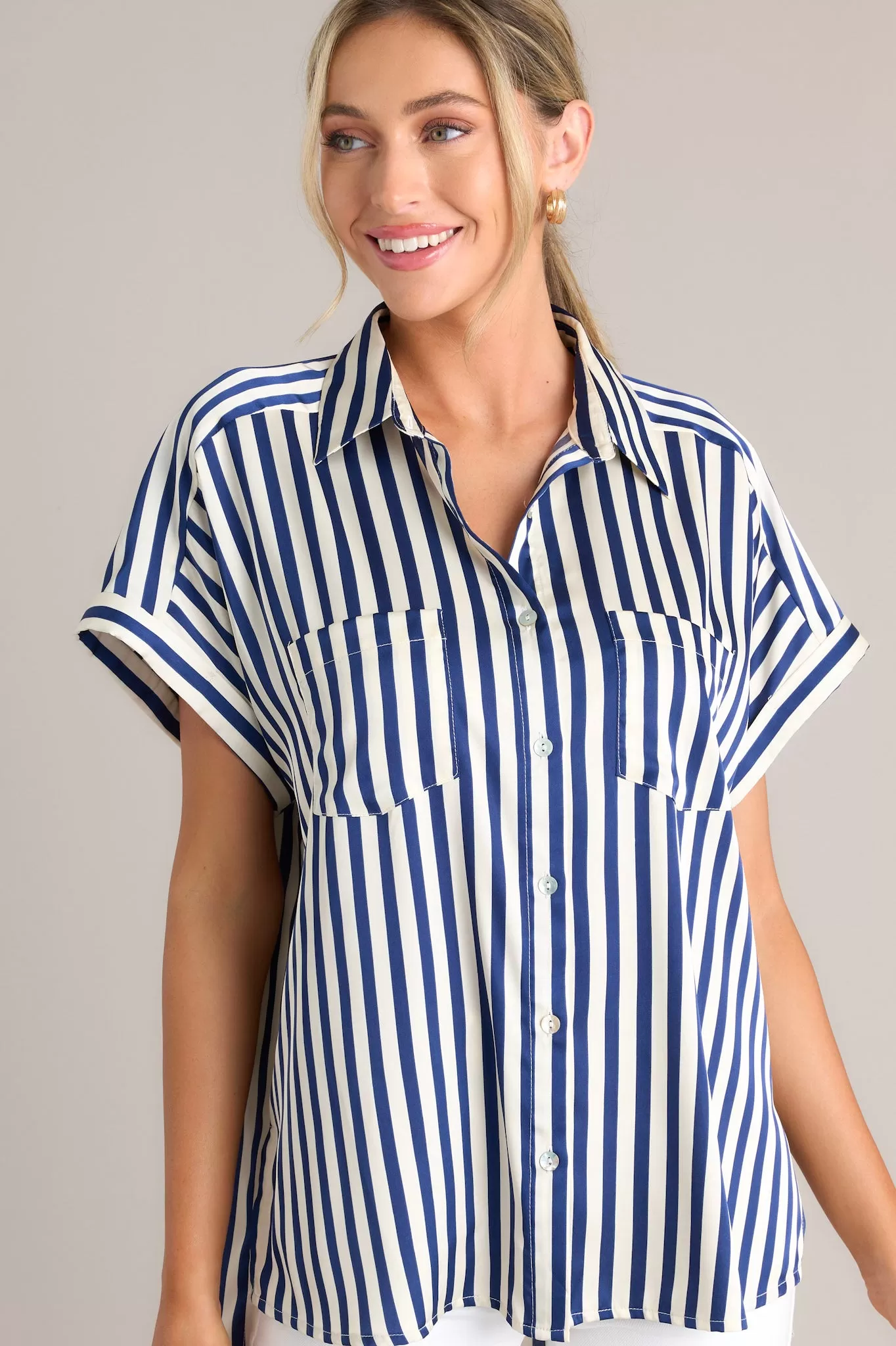 White Lies Navy Stripe Button Front Top