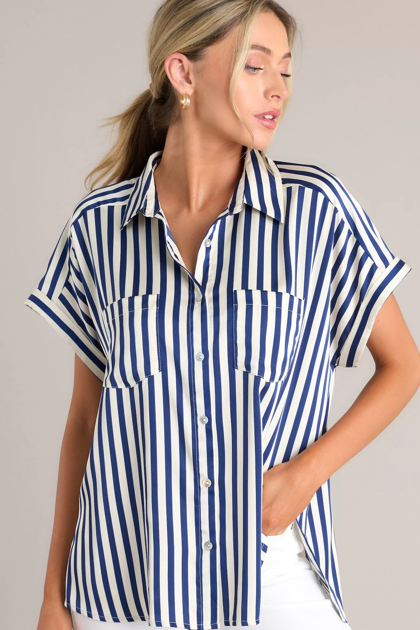 White Lies Navy Stripe Button Front Top