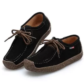 Women Suede Lace-up Flats Leather Loafer Boat Shoes Casual Comfortable Soft Shoes Camping Hiking Travel